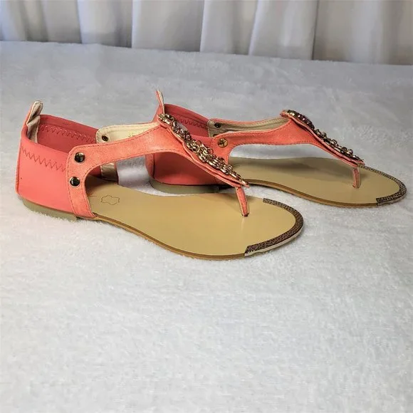 Coral Pink Summer Sandals Rhinestone Peacock Bird Thong Strap - Picture 7 of 9